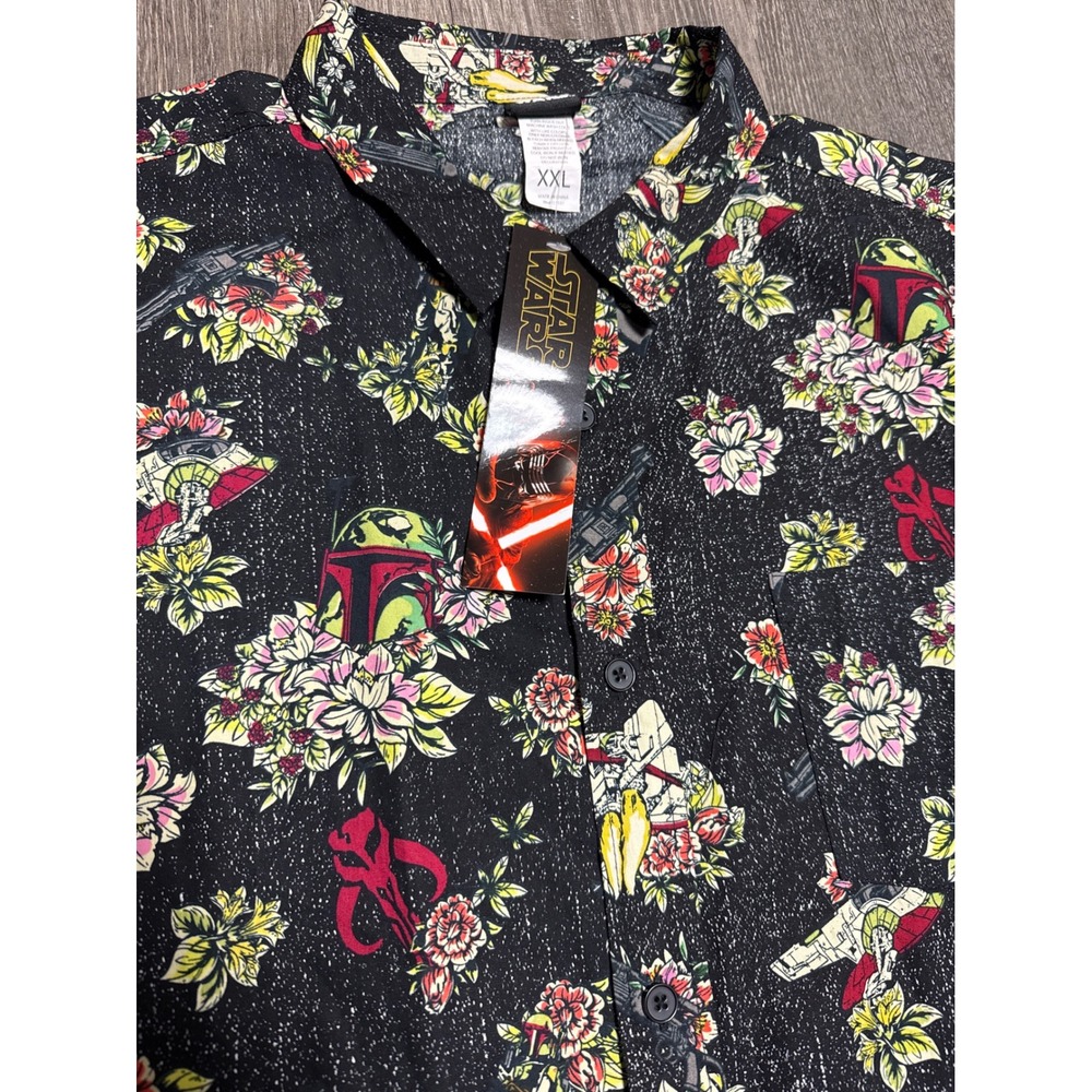 Star Wars Boba Fett Floral Tropical Button Down Shirt XXL Black NWT